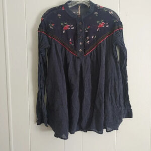 Free People Hearts & Colors Top Blouse Size XS Navy Blue